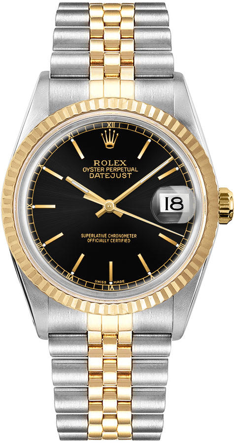 Rolex Datejust 36 Black Index Dial Yellow Gold & Stainless Steel Unisex Watch 16013