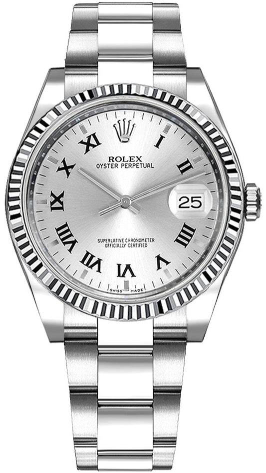 Rolex Oyster Perpetual Date 34 Silver Roman Numeral Dial Watch 115234
