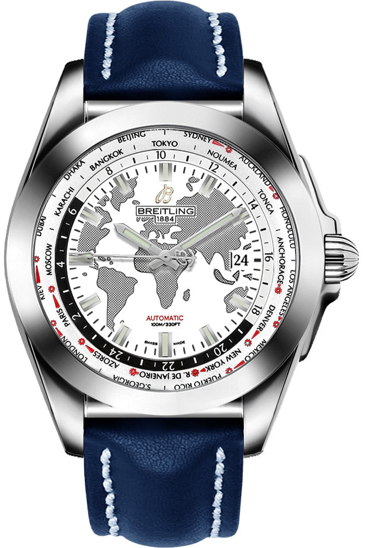 Breitling Galactic Unitime White Dial Blue Leather 44mm Men's Watch WB3510U0/A777-112X