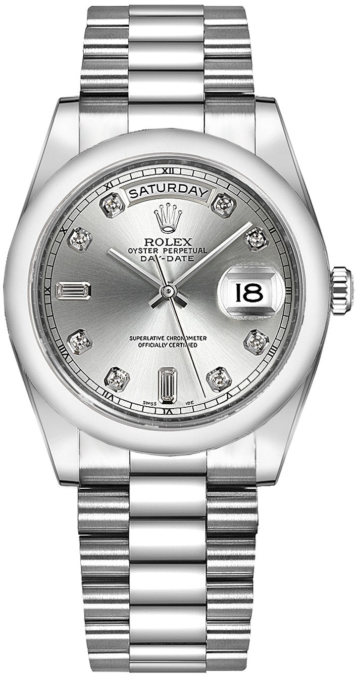 Rolex Day-Date 36 Silver Diamond Platinum Watch 118206-0037