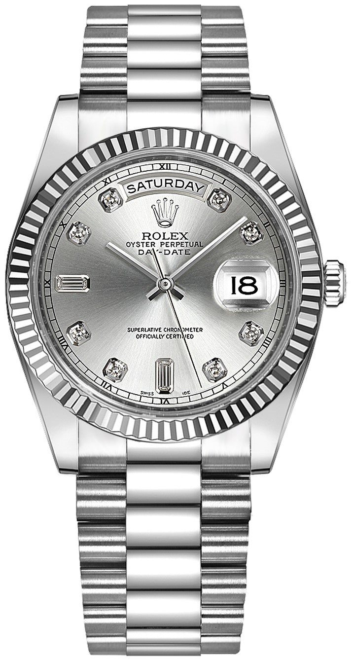 Rolex Day-Date 36 Silver Diamond Dial White Gold Watch 118239-0086