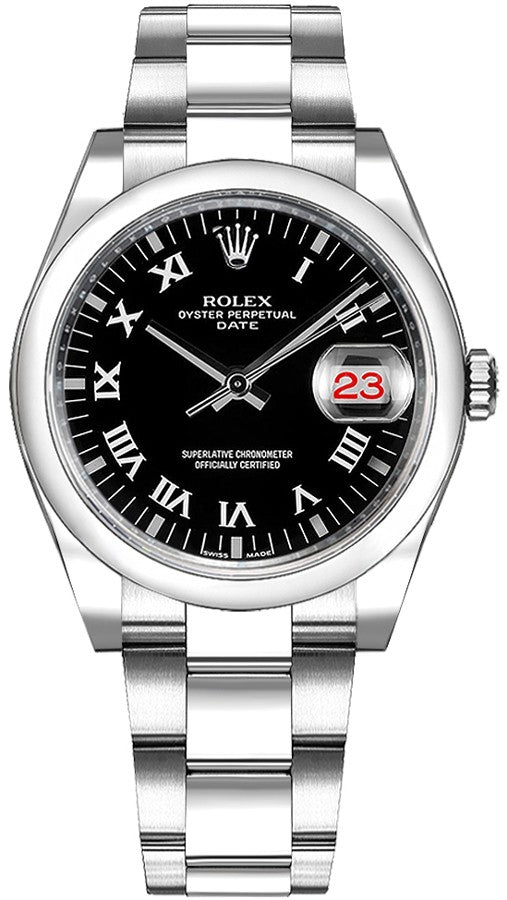 Rolex Oyster Perpetual Date 34 Black Roman Numeral Dial Watch 115200