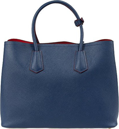 Blue with Red Lining Prada Saffiano Cuir Double Large Tote Bag