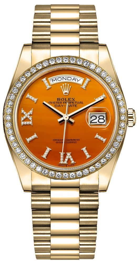 Rolex Day-Date Diamond Bezel Carnelian Orange Dial Unisex Watch 128348RBR-0049