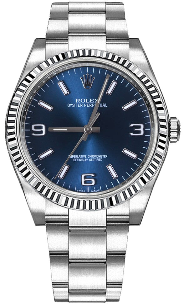 Rolex Oyster Perpetual 36 Blue Dial White Gold Bezel Watch 116034