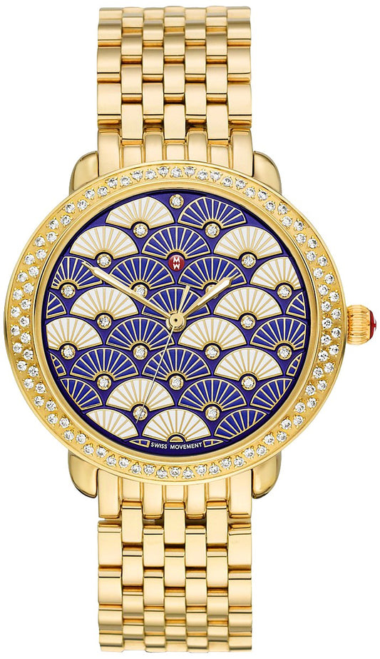 Michele Serein Mid Fan Patterned White & Blue Diamond Dial Ladies Fashion Watch MWW21B000102