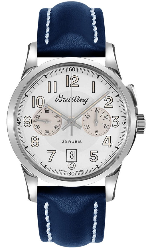 Breitling Transocean Chronograph Silver Dial Blue Leather Men's Watch 1915 AB141112/G799-112X