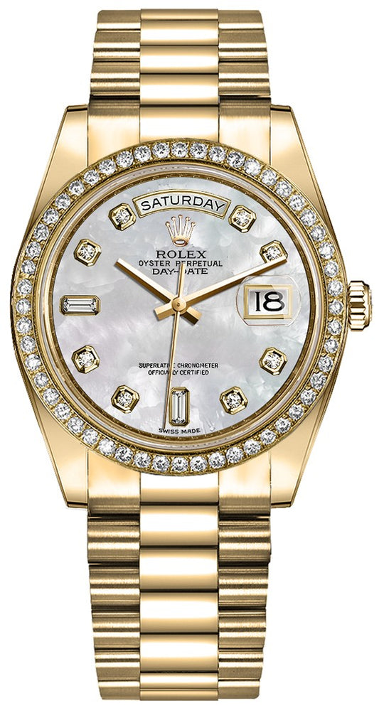 Rolex Day-Date Diamond Bezel Mother Of Pearl Dial Women's Watch 128348RBR-0017