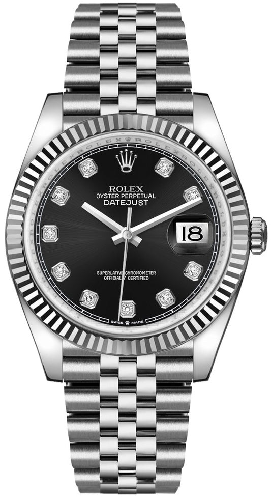 Rolex Datejust 36 Black Dial Fluted Bezel Diamond Luxury Watch 126234-0027