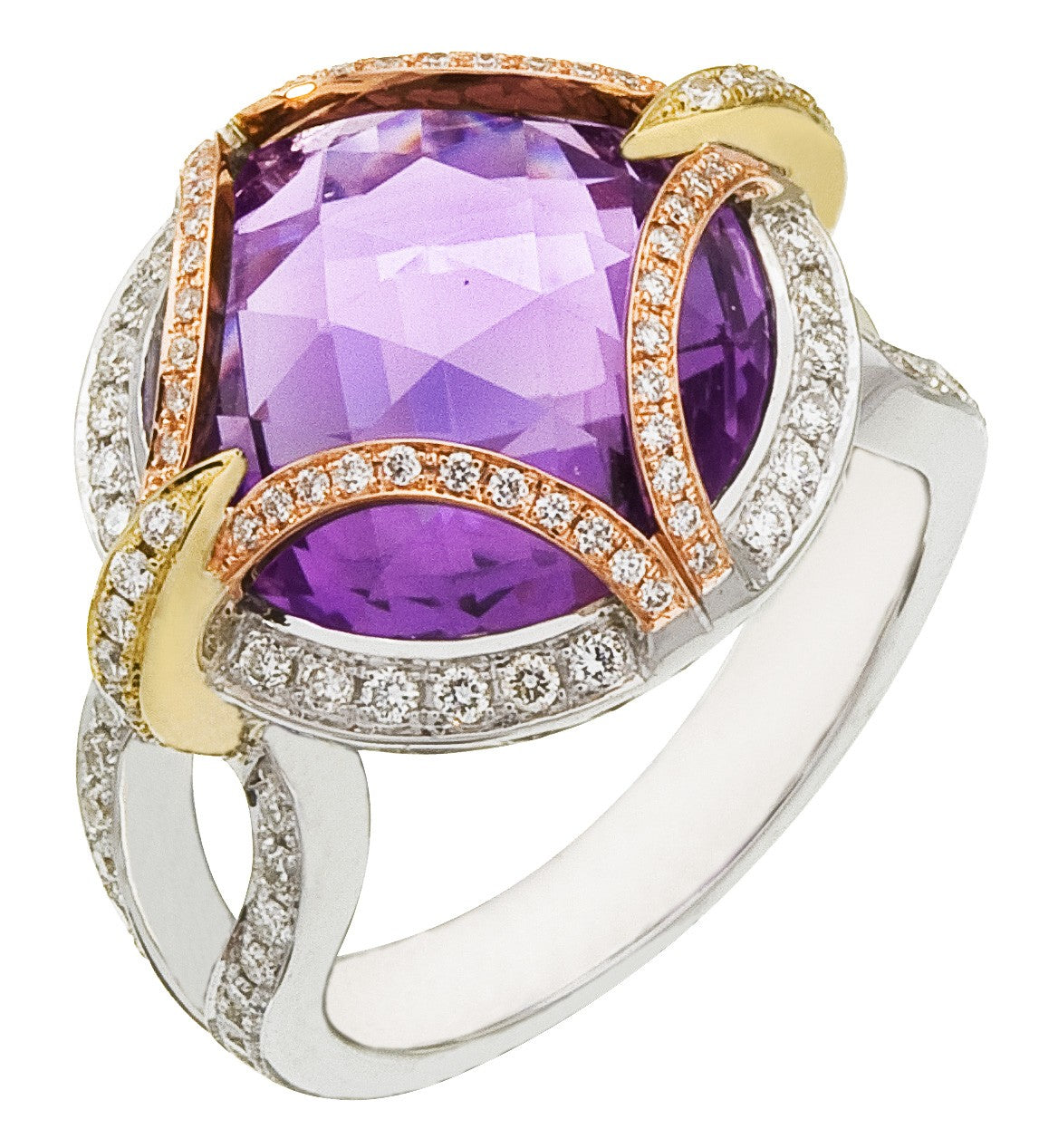 Diamond Ring, .63 Carat Diamonds 10.30 Carat Amethyst on 14K Rose, White & Yellow Gold