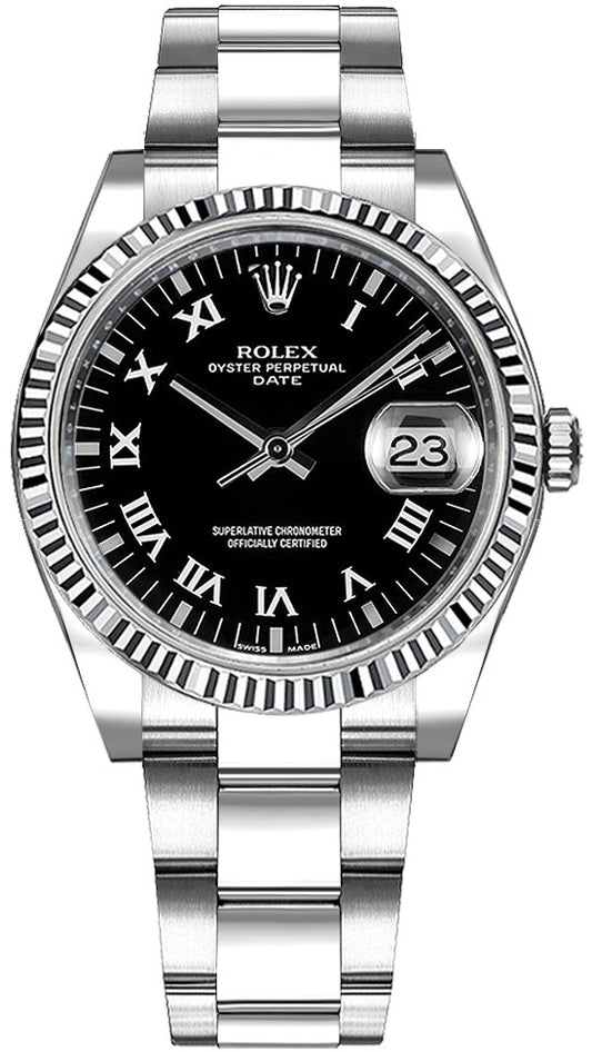 Rolex Oyster Perpetual Date 34 Black Roman Numeral Dial Watch 115234