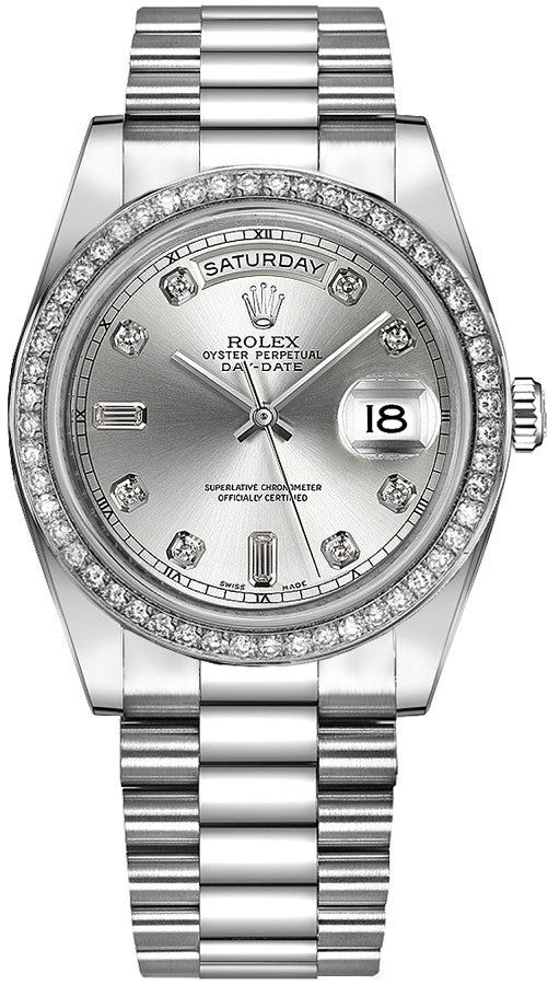 Rolex Day-Date 41 Silver Diamond Men's Gold Watch 218349