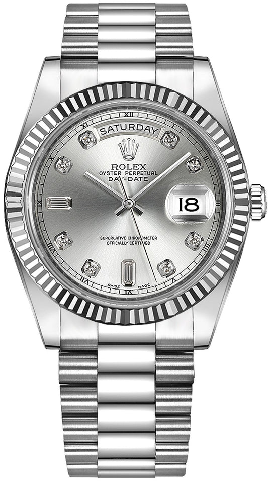 Rolex Day-Date 41 Silver Diamond Dial Men's Watch 218239-0006