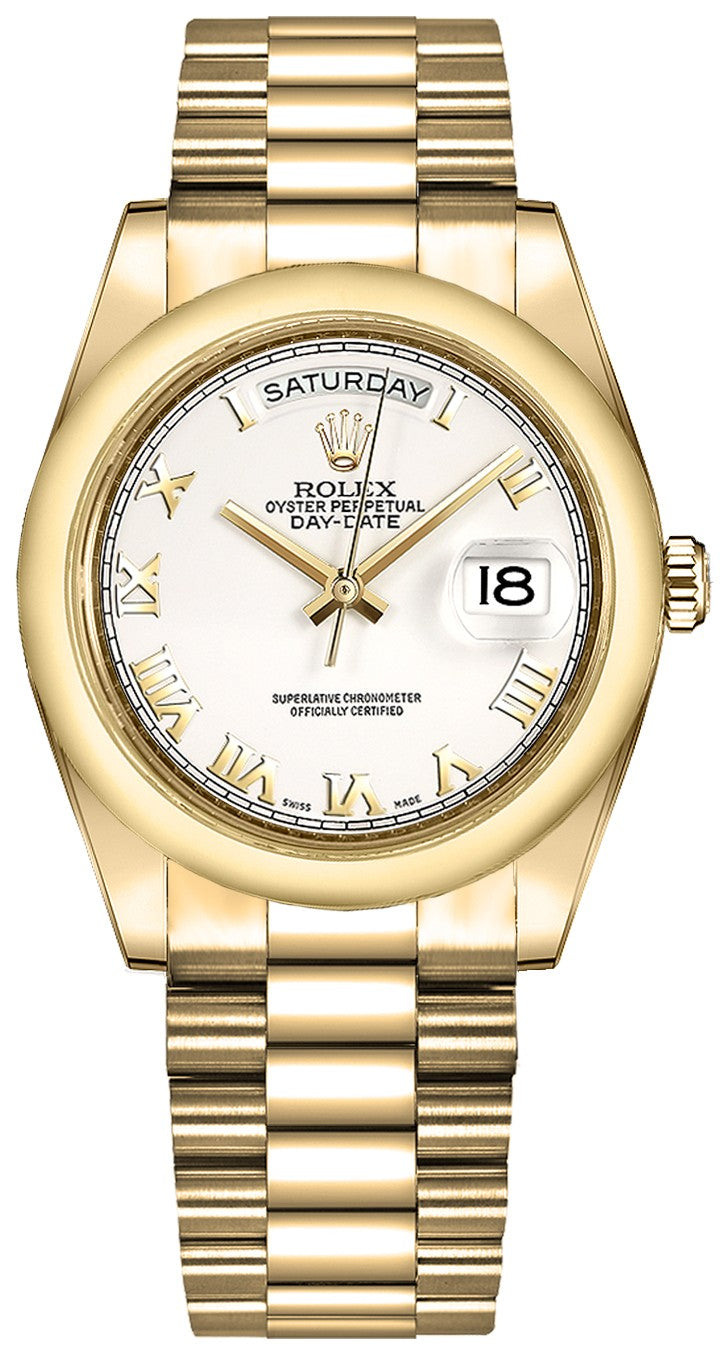 Rolex Day-Date 36 White Roman Numeral Solid Gold Watch 118208-0072