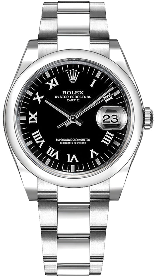 Rolex Oyster Perpetual Date 34 Black Roman Numeral Dial Watch 115200