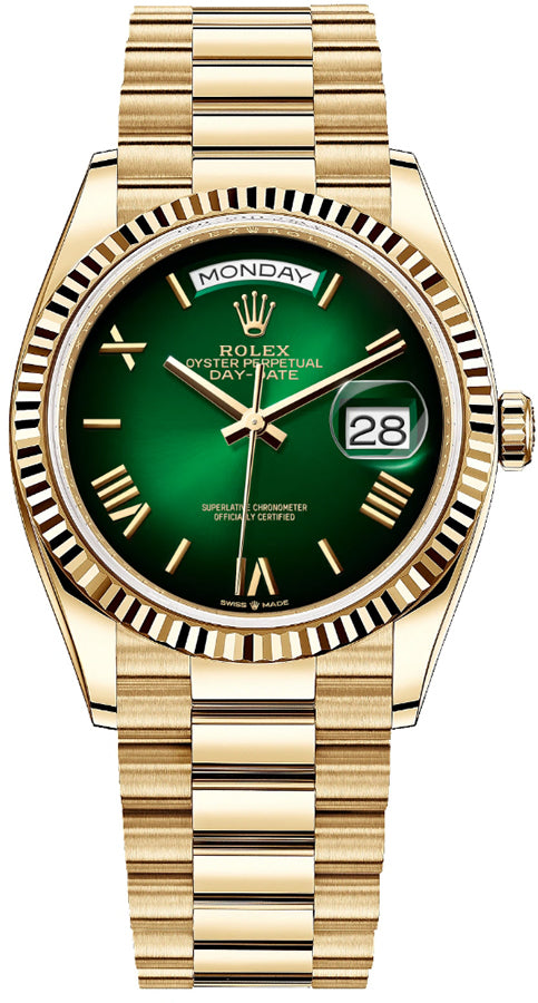 Rolex Day-Date 36 Green Ombré Dial Yellow Gold Women's Watch 128238-0118