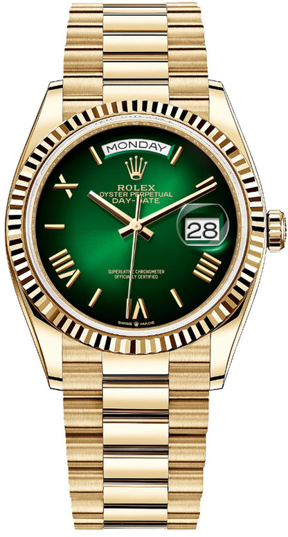Rolex Day-Date 36 Green Ombré Dial Yellow Gold Women's Watch 128238-0118