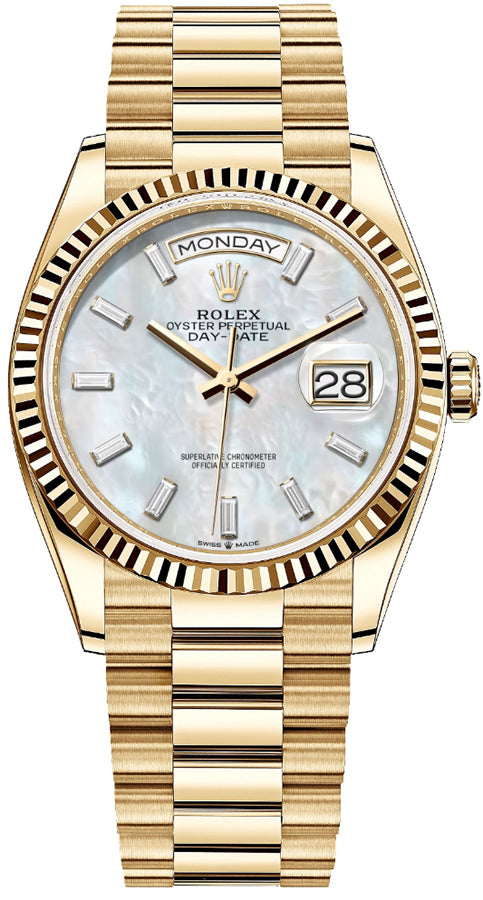 Rolex Day-Date 36 White Mother of Pearl Dial Diamonds Unisex Watch 128238-0123