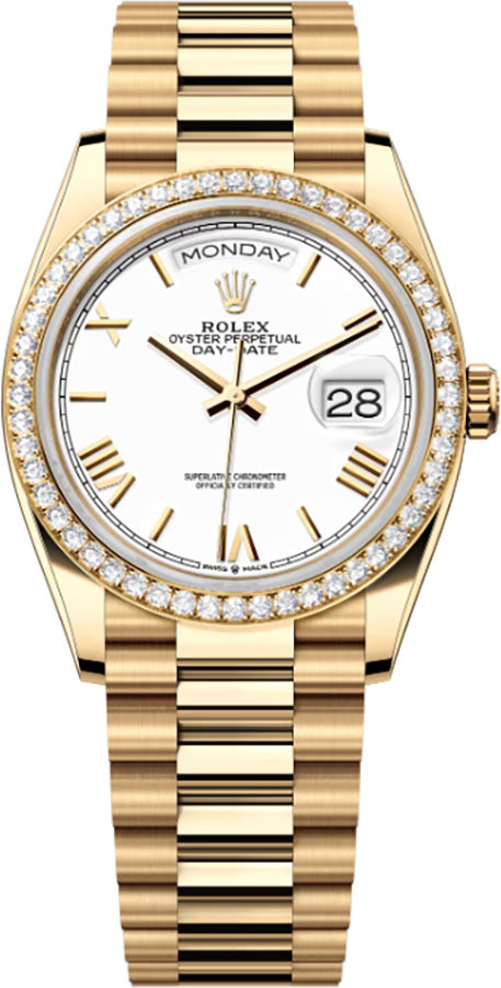 Rolex Day-Date 36 Diamond Bezel White Dial Women's Watch 128348RBR-0064