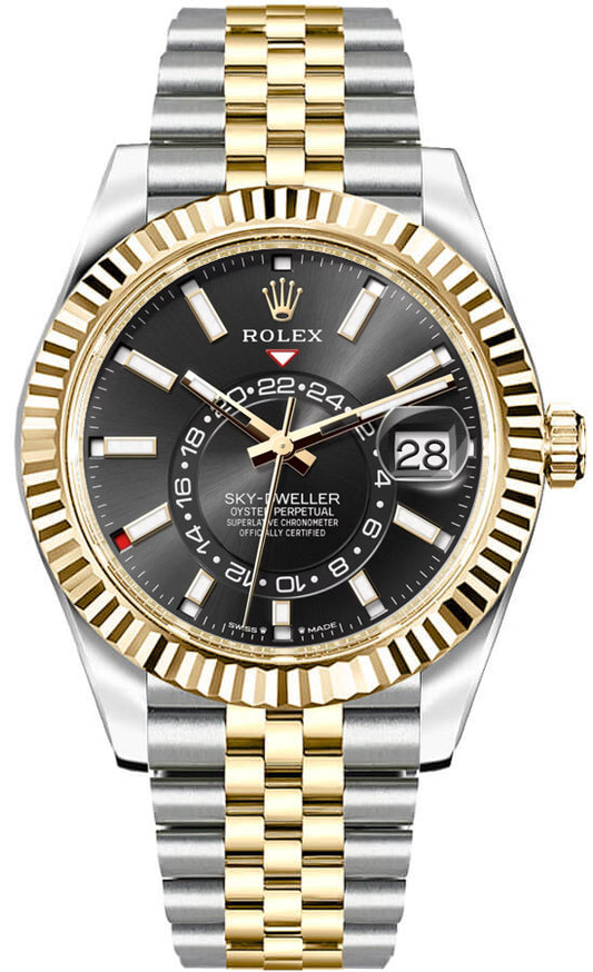 Rolex Sky-Dweller Oystersteel Yellow Gold Black Dial Jubilee Men's Watch 336933-0004