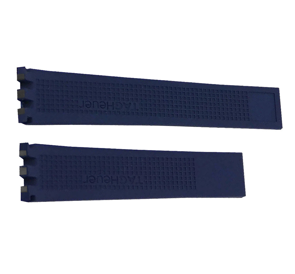 Back of FT6022 Blue Rubber Strap. Box pattern / textured. TAG Heuer logo. meant for deployment buckle
