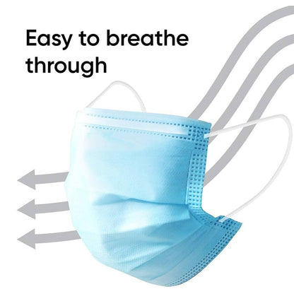 50 Pack of Disposable 3-Ply Breathable Face Masks with Elastic Earloops
