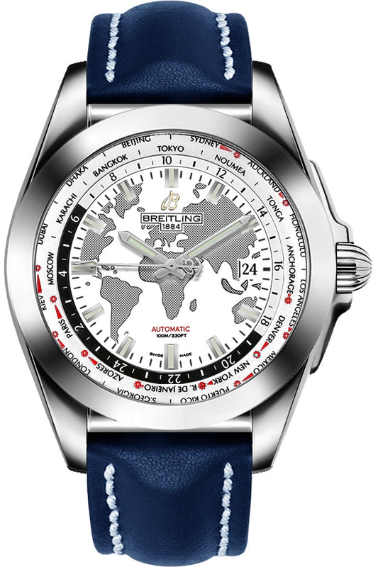 Breitling Galactic Unitime White Dial Blue Leather 44mm Men's Watch WB3510U0/A777-112X