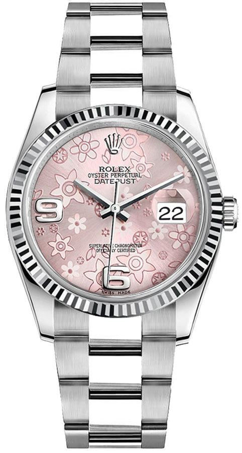 Rolex Datejust 36 Pink Floral Fluted Bezel Women's Watch 116234-0144
