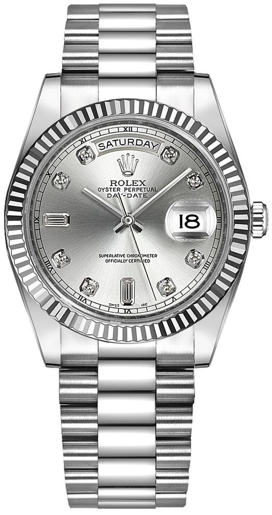 Rolex Day-Date 36 Silver Diamond Dial White Gold Watch 118239-0086