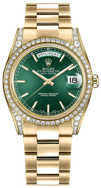 Rolex Day-Date 36 Green Dial 18K Gold Watch 118388-0195