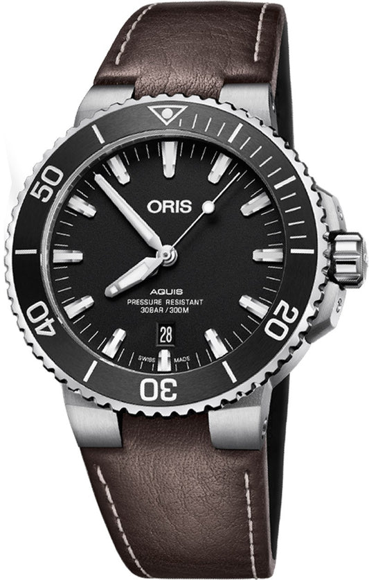 Oris Aquis Date Black Dial Brown Strap Men's Watch 73377304124LS