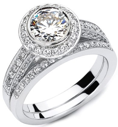 Diamond Wedding Set, Engagement Ring; 1.19 Carat Round Diamond, Band; 16 Round Diamonds both in White Gold