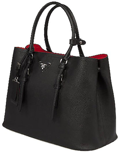 Prada Black Saffiano Cuir Double Large Tote Bag with Red Lining