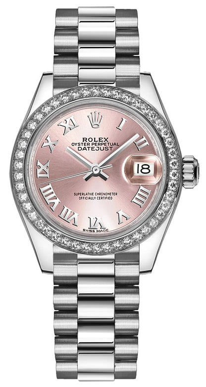 Rolex Lady-Datejust 28 Pink Roman Numeral Platinum Diamond Watch 279136RBR-0012
