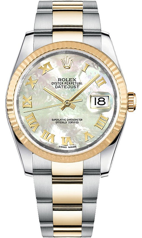 Rolex Datejust 36 Mother of Pearl Roman Numeral Oyster Bracelet Watch 116233-0176