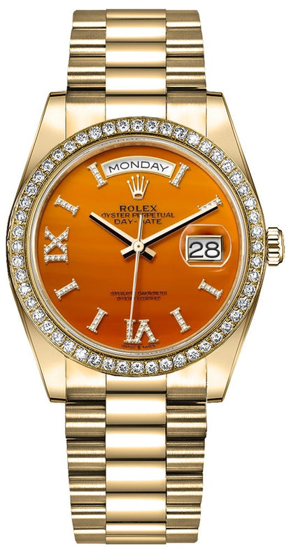 Rolex Day-Date Diamond Bezel Carnelian Orange Dial Unisex Watch 128348RBR-0049