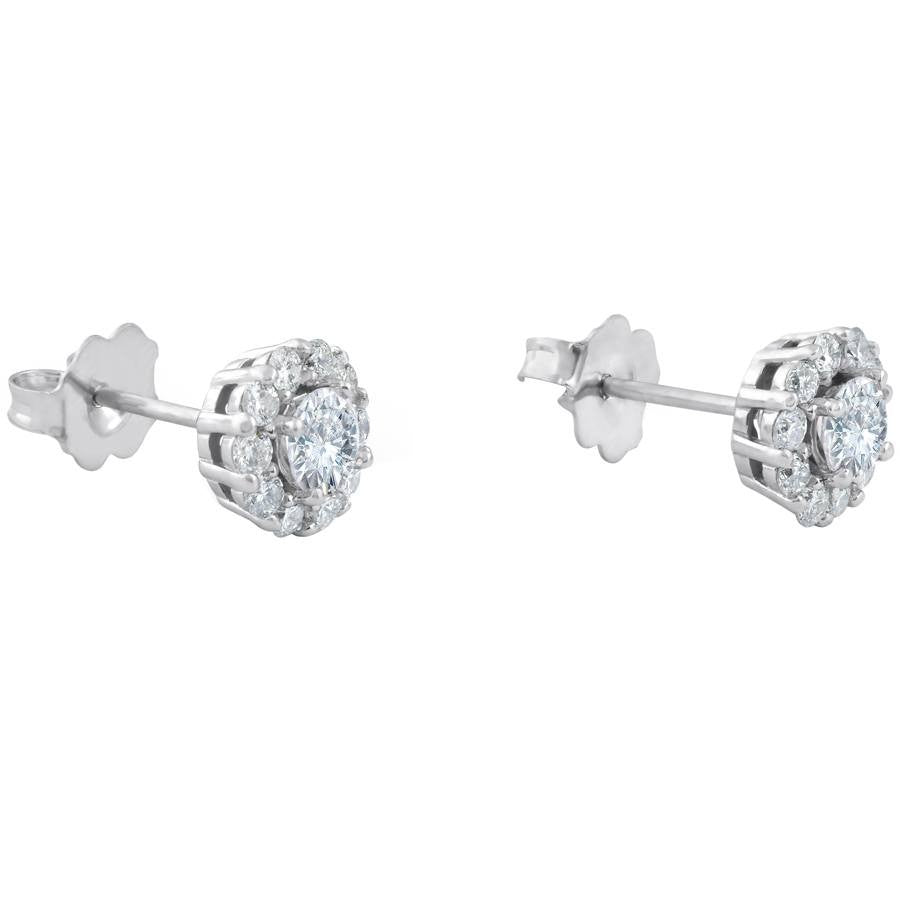 Halo Round Diamond Stud Earrings, 0.97 Carat on Solid 14k White Gold