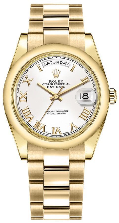 Rolex Day-Date 36 White Roman Numeral Yellow Gold Watch 118208-0087