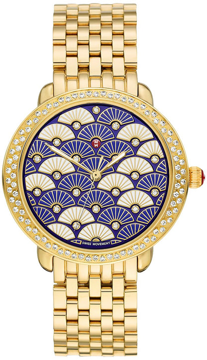 Michele Serein Mid Fan Patterned White & Blue Diamond Dial Ladies Fashion Watch MWW21B000102