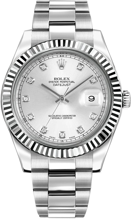 Rolex Datejust II 41 Silver Diamond Dial Fluted Bezel Men's Watch 116334-0007
