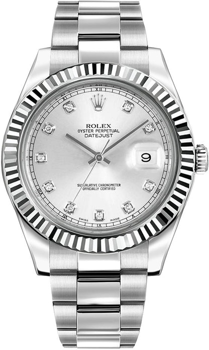 Rolex Datejust II 41 Silver Diamond Dial Fluted Bezel Men's Watch 116334-0007