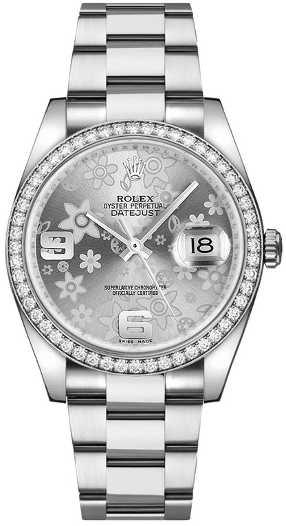 Rolex Datejust 36 Silver Floral Diamond Watch 116244
