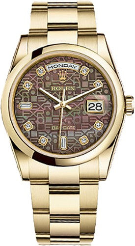 Rolex Day-Date 36 Black Mother of Pearl Diamond Watch 118208-0139