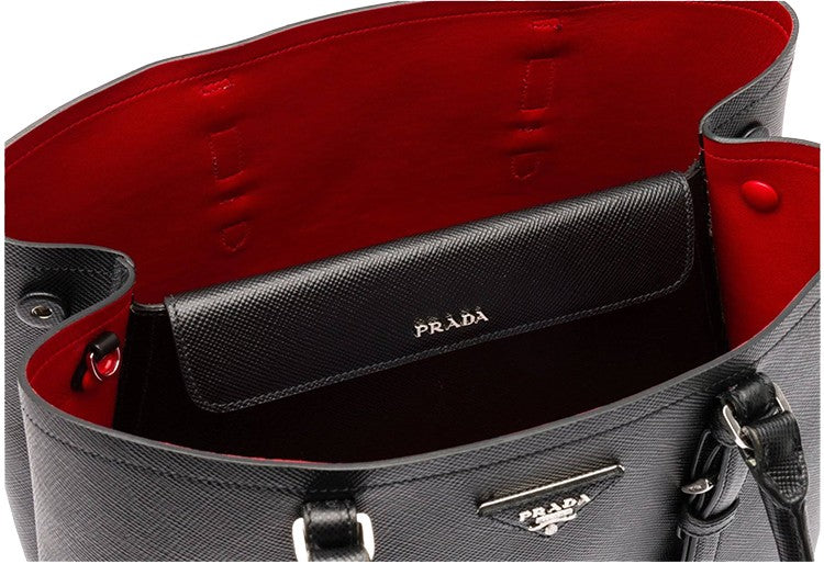 Prada Black Saffiano Cuir Double Large Tote Bag with Red Lining