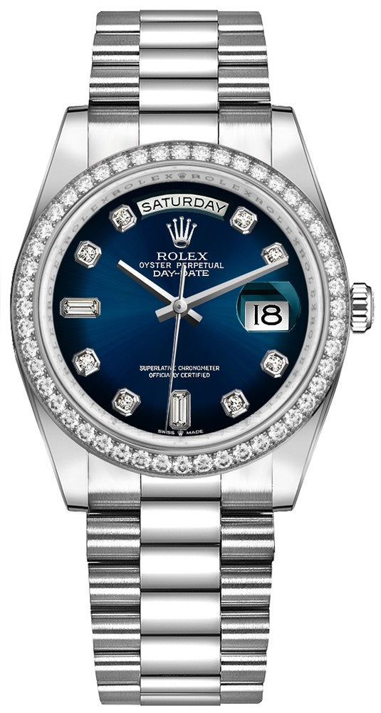 Rolex Day-Date 36 Blue Dial Diamond Bezel Women's Watch 128349RBR-0010