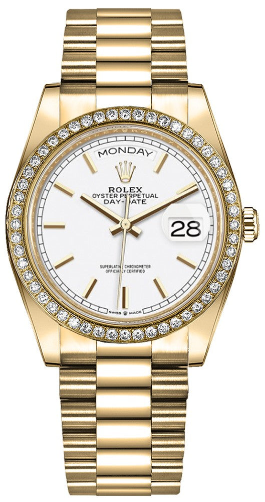 Rolex Day-Date 36 Diamond Bezel White Dial Unisex Watch 128348RBR-0047