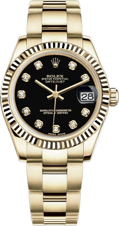 Rolex Datejust 31 Black Diamond Solid Gold Watch 178278-0026