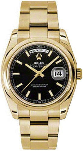Rolex Day-Date 36 Black Dial Solid Gold Watch 118208-0095