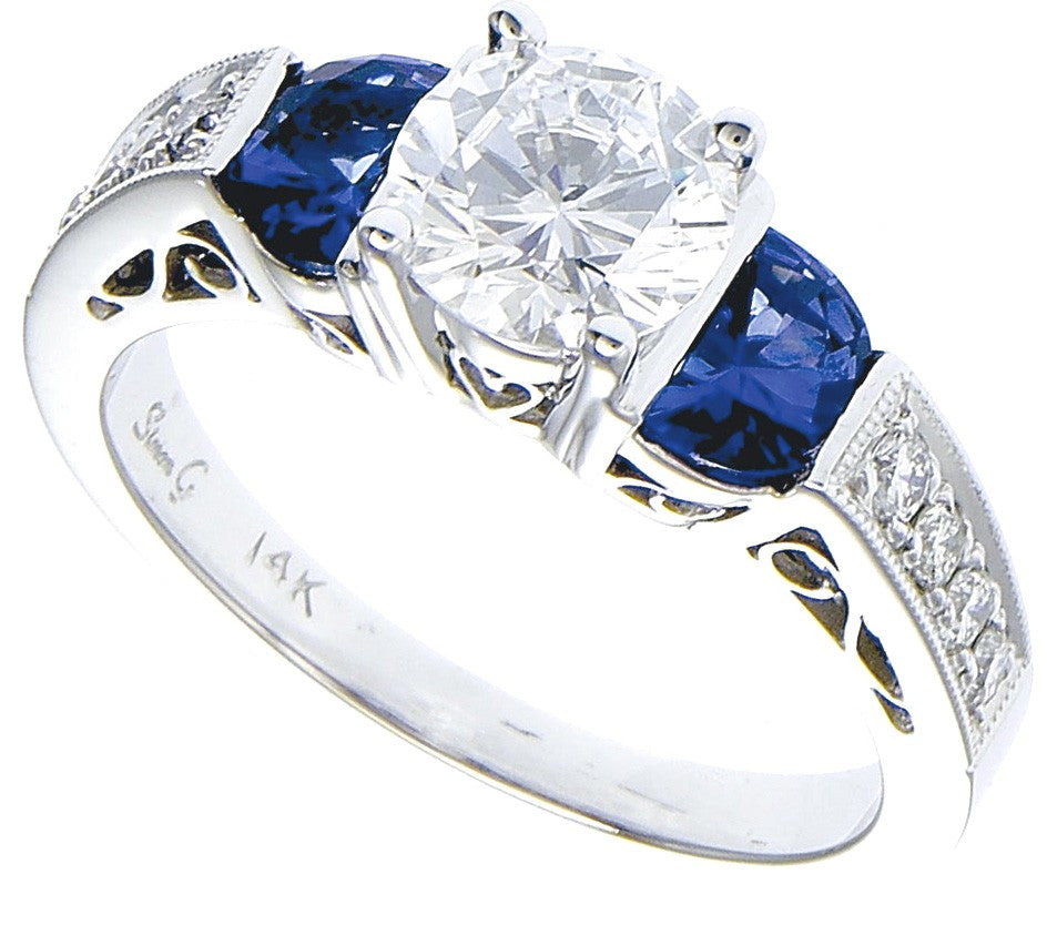 Diamond Ring, .22 Carat Diamonds .82 Carat Sapphire on 14K White Gold