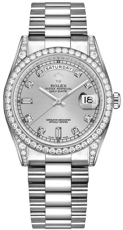 Rolex Day-Date 36 Silver Diamond President Bracelet Watch 118389-0008